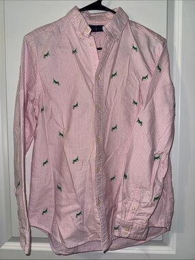 Ralph Lauren Pink Striped Button-Down Shirt with Green Grasshopper Embroidery